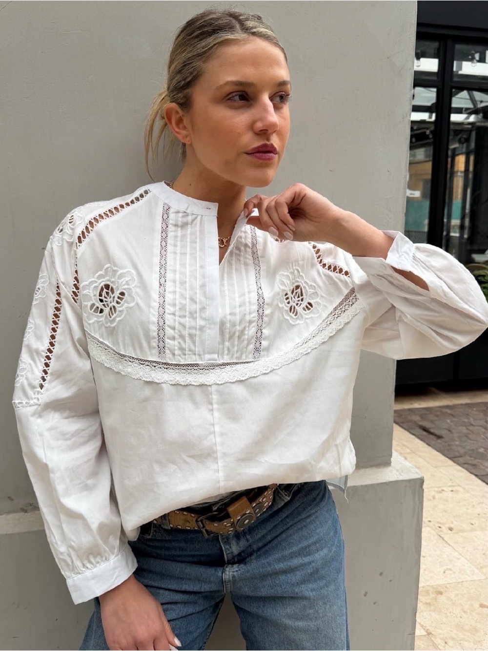 Zara White Embroidered Lace-Detail Victorian Blouse